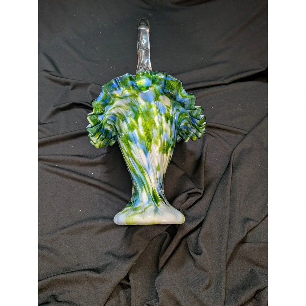 Fenton Murrhina Blue Green Aventurine Glass Handle Ruffle Basket 11